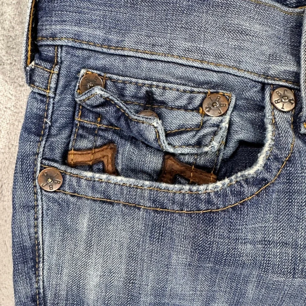 True Religion Billy Bootcut Jeans Mens 33 Blue Leather Horseshoe Made in USA